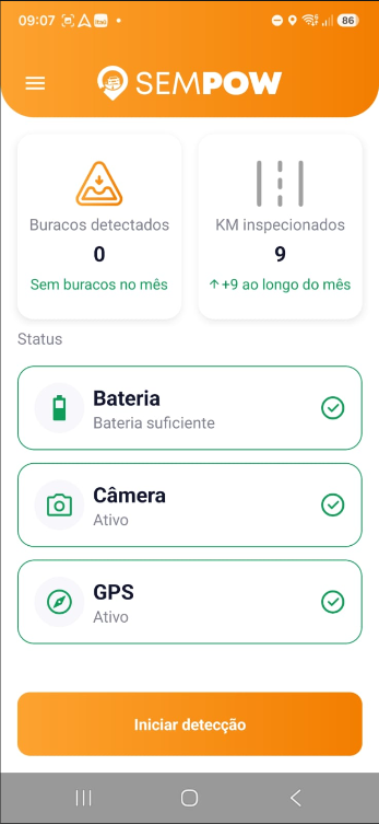 Aplicativo Sempow mostrando bateria, câmera e GPS prontos para iniciar a detecção