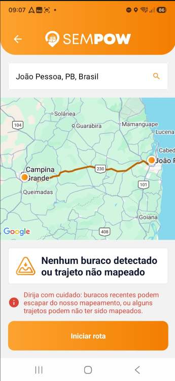Aplicativo Sempow mostrando uma rota mapeada entre Campina Grande e João Pessoa